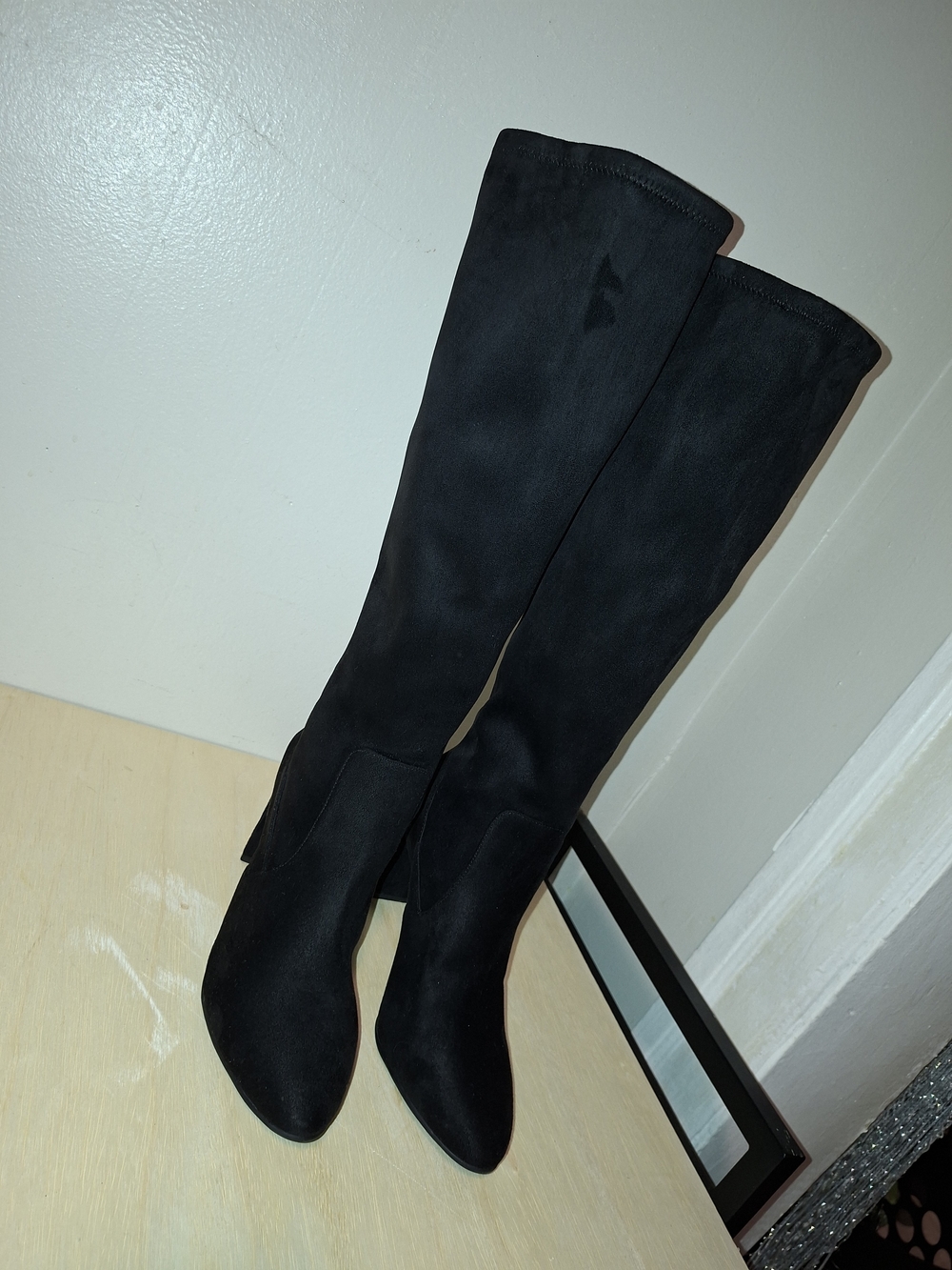 Black Knee-High Heeled Boots — Elegant Women's Suede Look